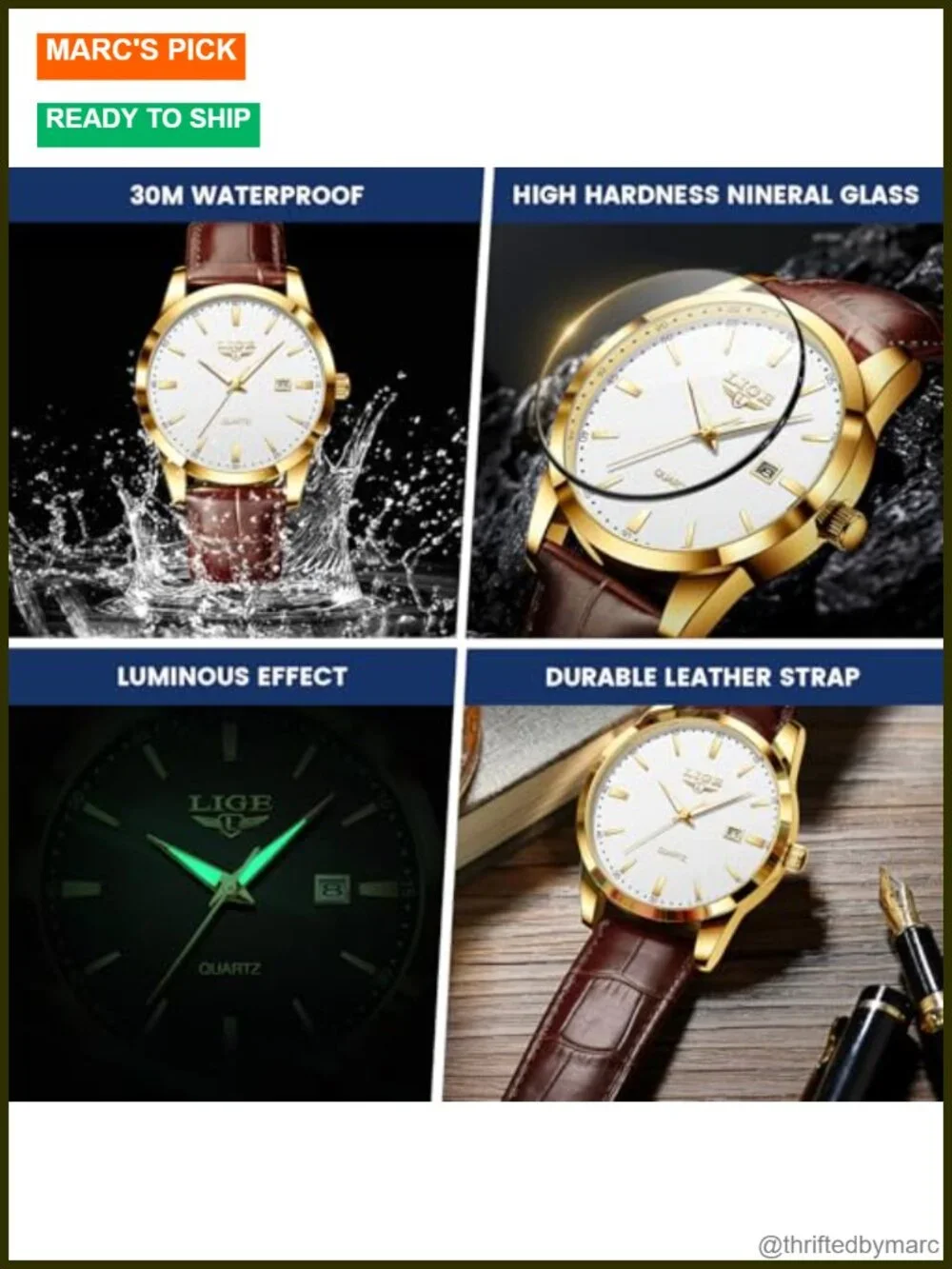 Men's Vintage Dress Chronograph Leather Watch Waterproof Quartz Luminous Date